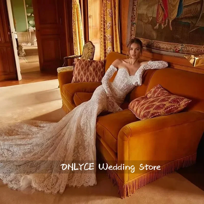 ชุดแต่งงานแขนยาวหรูหราแบบสั่งตัด คอปาด ลูกไม้ทรงเมอร์เมด คอวีหวาน ชุดเจ้าสาว vestidos de novias