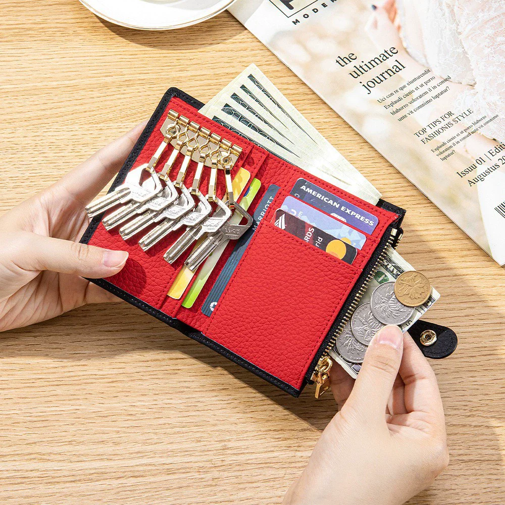 

Маленький складной кошелек для ключей из натуральной кожи для женщин | Дизайн 3-в-1 с карманом на молнии для купюр, брелоком для ключей и несколькими отделениями для карт