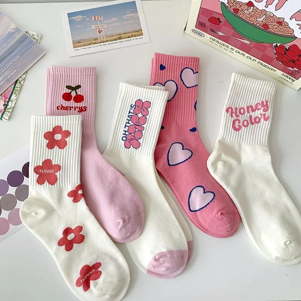 

Модные хлопковые летние носки средней длины с цветочным принтом, розовые белые дышащие женские носки средней длины