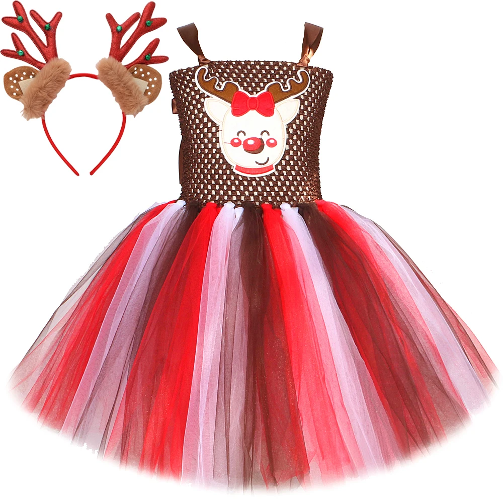 Baby Girls Deer Costumes for Kids Christmas Reindeer Dresses with Horns Children Rudolph Elk Cosplay Outfit Xmas Party Clothes