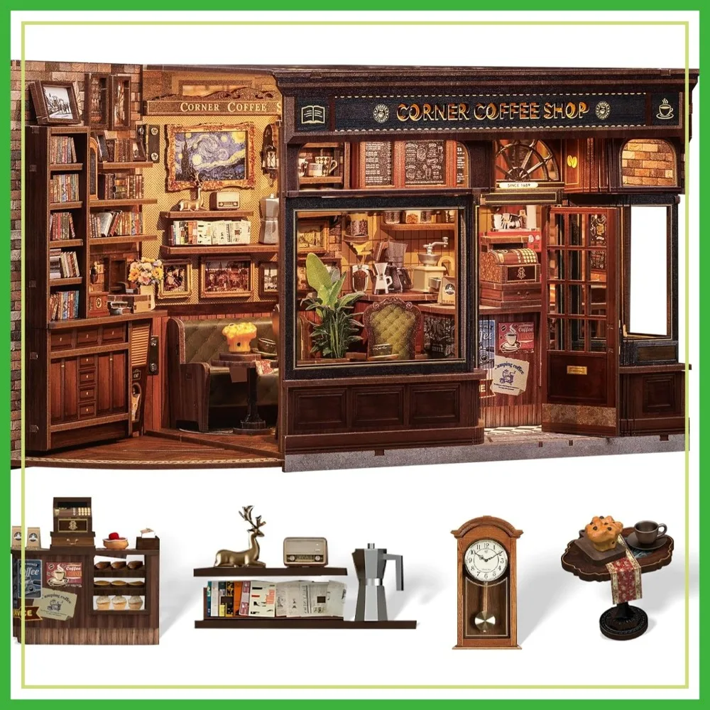

DIY Miniature Coffee Shop Book Nook Kit, 3D Wooden Puzzle Bookend with LED Light, Creative Gift for Book Lovers