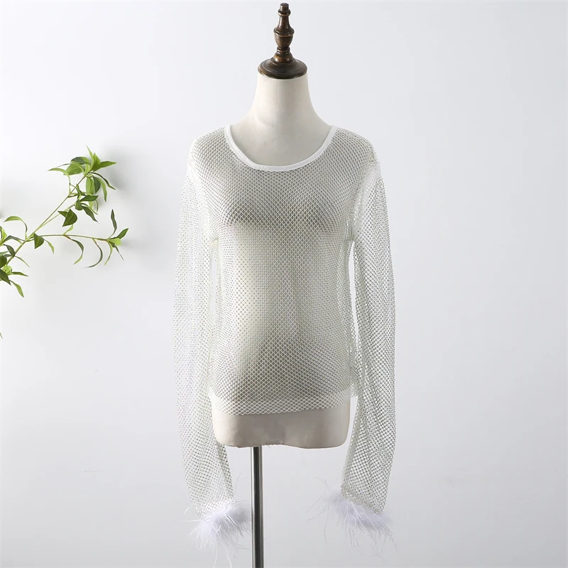 Damen Diamant-Netz-Top, Durchsichtiges Fischernetz-T-Shirt, Glitzernde Transparente Rundhalsbluse, Eng Anliegend, für Nachtclub, Party, Festival, Clubwear – Detail 3