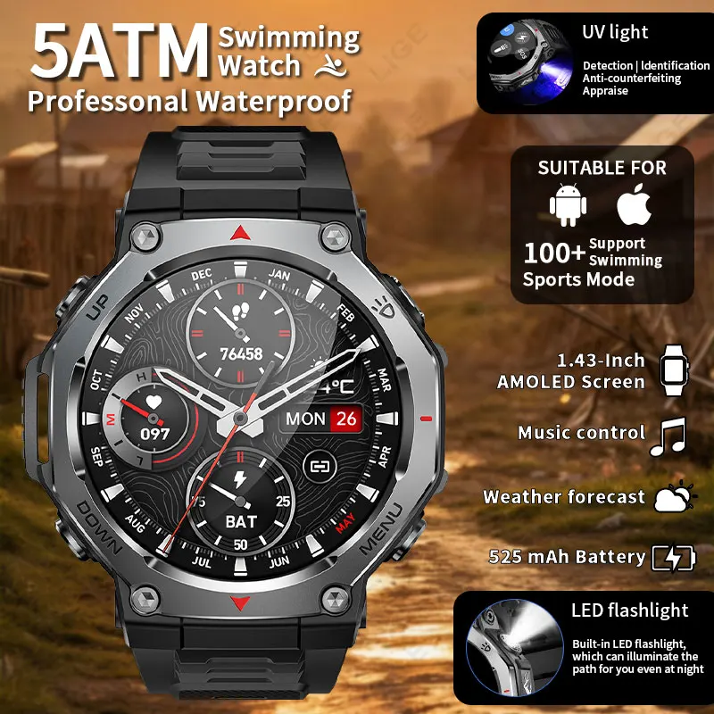 LIGE 1.43-calowy ekran Amoled, smartwatch z funkcją połączeń Bluetooth, latarką LED z światłem UV, wodoodporność 5ATM, smartwatch sportowy do aktywności na świeżym powietrzu dla mężczyzn