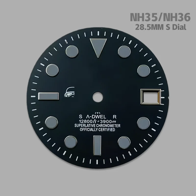 28.5mm NH35 Dial with S Logo, Black Samurai Dial, No Lume, Suitable for NH35/NH36 Movement, Watch Modification Parts