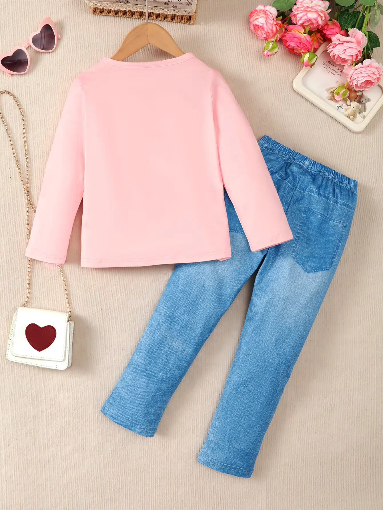 Girls Autumn Long Sleeve 2-Piece Outfit, Pink Crew Neck Top with Girl Portrait LOVE Print, Cute and Stylish, Matched with Faux D