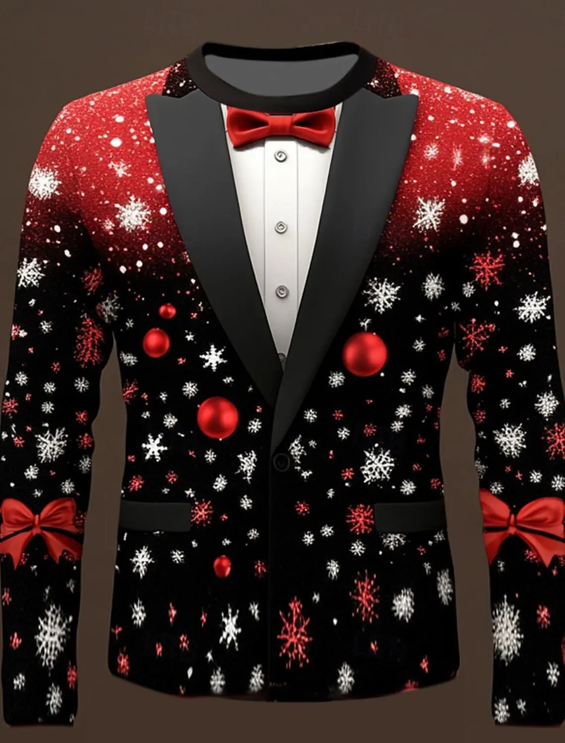 Christmas Tree Snowflake Bow tie  Men's 3D Print Crew Neck T shirt Tee Party Casual Christmas Theme T shirt Red Long Sleeve tops