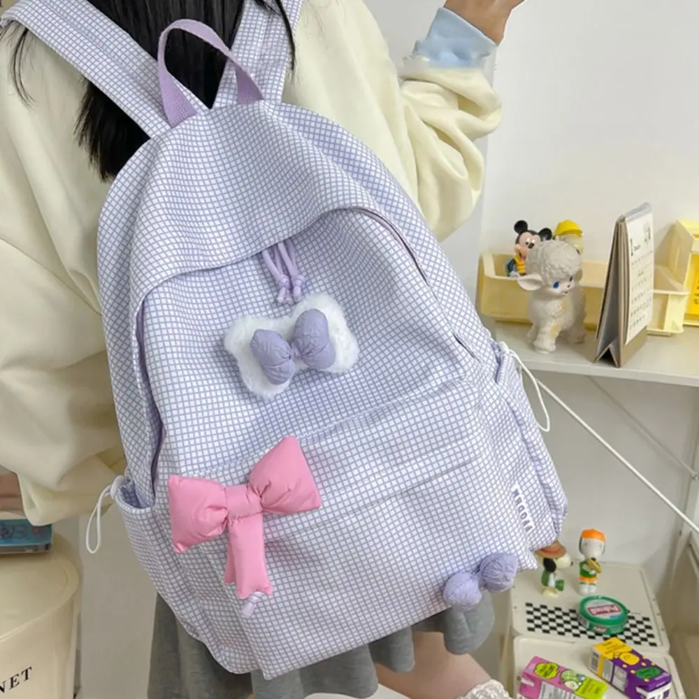 

New Kawaii Backpack Bowknot Grid Pattern School Bag Large Capacity Sweet Handbag