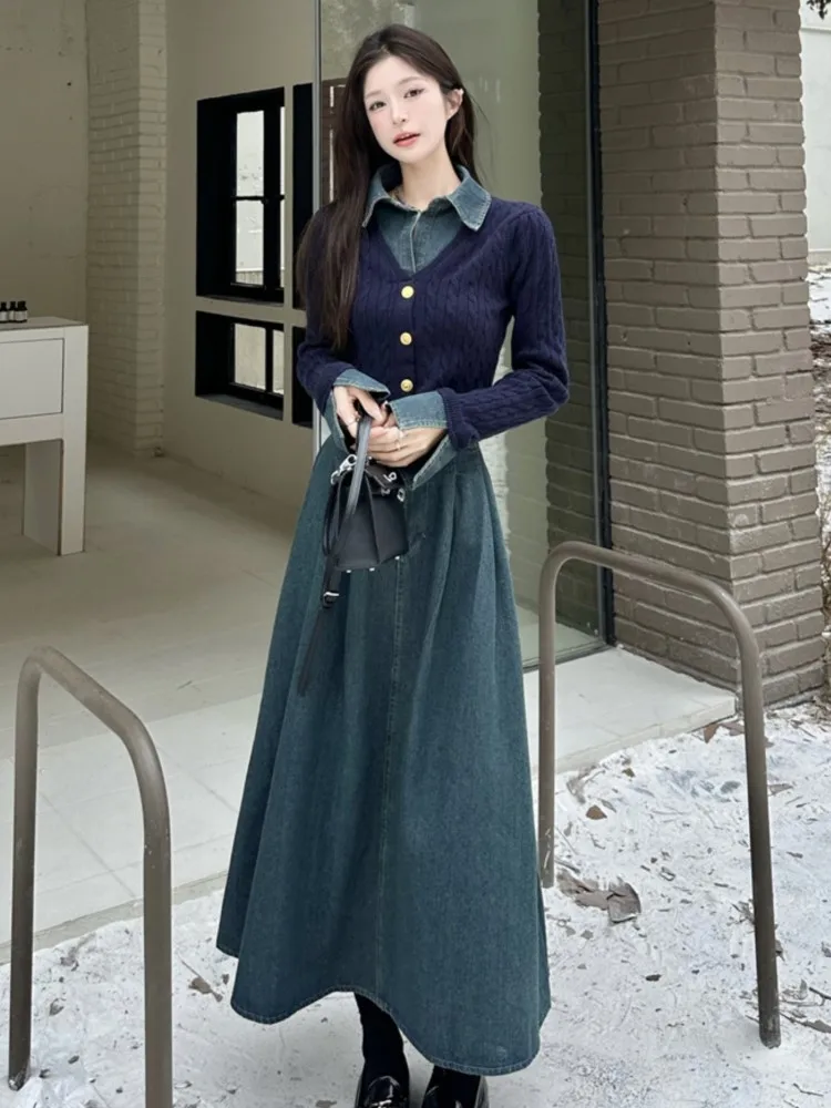 Korean Style Skirt Set 2 Piece Sets For Women Patchwork Knitted Fake Two Pieces Top Denim Skirt Slim Fashion Suit Spring Autumn