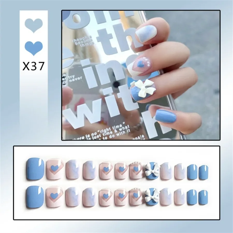 

24p/set French Flat False Nails White Bow Blue Fake Nail Supplies Artificial Acrylic Full Coverage Removable Press On Nails Art