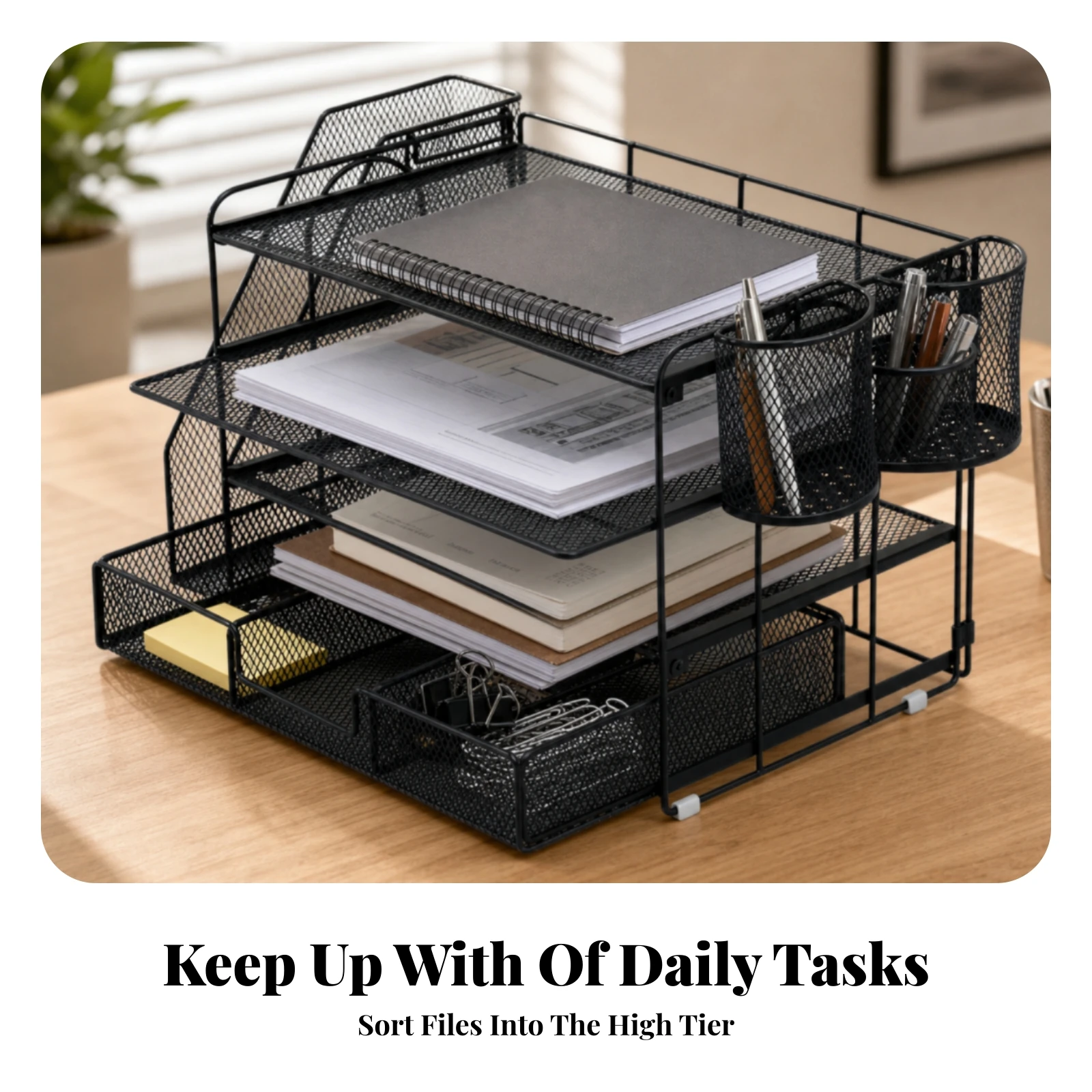 Desktop File Organizer with Cup Holder Clutter Free Paper Tray Organizer Desk Paper Tray Space-Saving for Professionals, Office