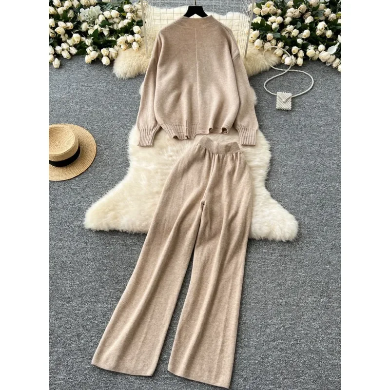 Koreanische ainter Frauen warme weiche Pullover Strick pullover Frauen faul hohe Taille lässige Hose mit weitem Bein Frauen zweiteilige Sets