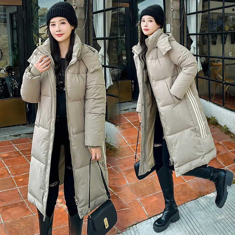 2024 New Winter Parka Woman Long Jacket Hooded Detachable Thicken Loose Fur Collar Zipper Pockets Warm Snow Wear Padded Coat