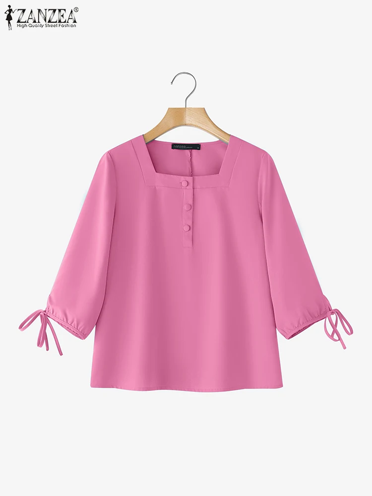 ZANZEA Moda Donna Camicette eleganti Autunno Colletto quadrato Tinta unita Tunica Top 2025 Casual Allentato Manica 3/4 Camicie da lavoro da ufficio