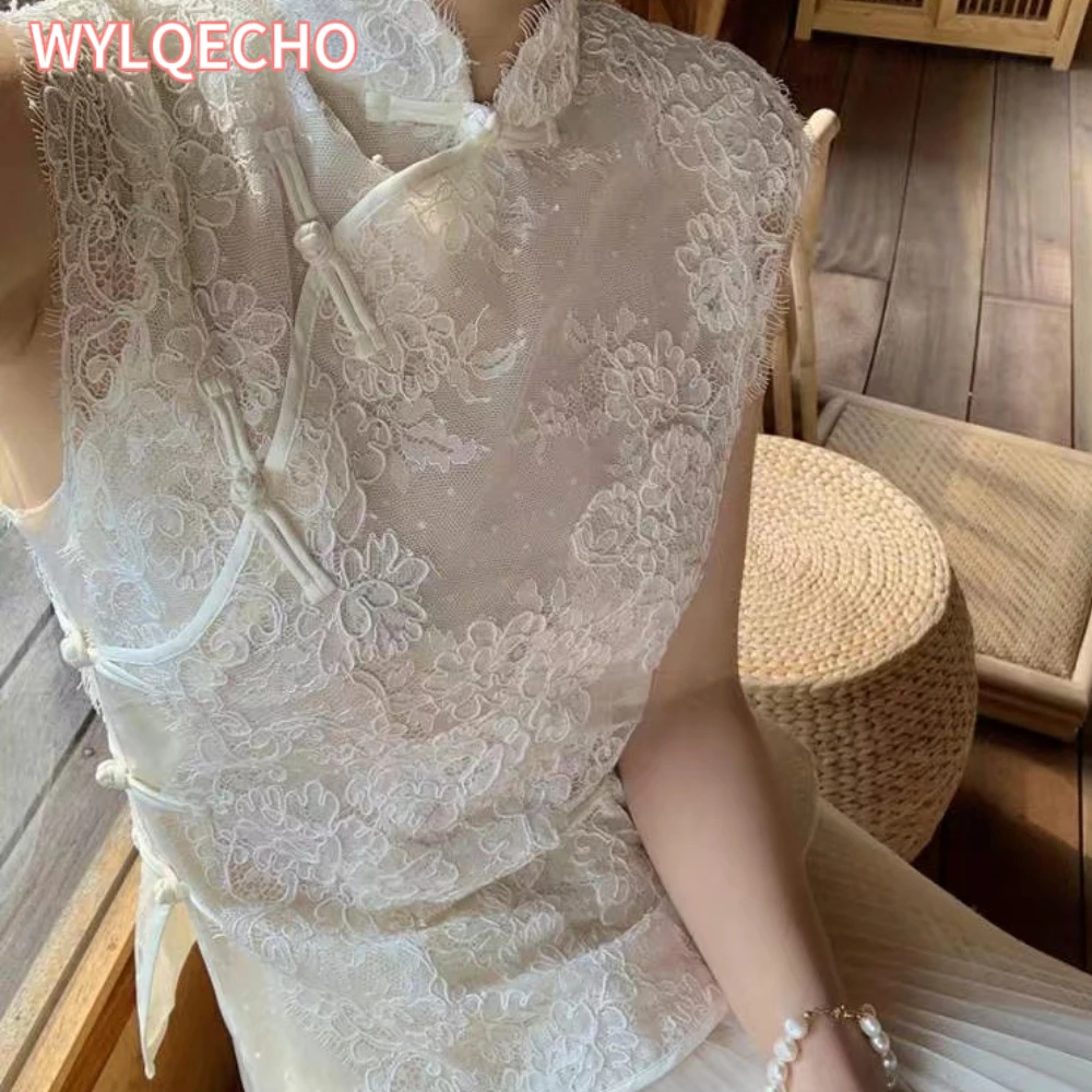 2023 summer new vintage embroidery top lace chinese style plate buckle standing collar sleeveless top for women qipao blouse