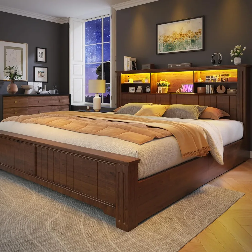 

EnHomee King Size Bed Frame and Headboard, King Bed Frame with 4 Drawers Charging Port & LED, Farmhouse Bed Built in Charging St