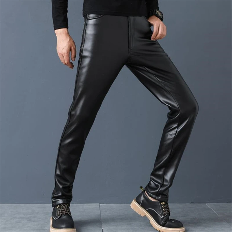 Male Hot Sale Thick Skinny Pu Pantalons Capris Men Waterproof Leather Pants Velvet Slim Trousers Warm Mid Motorcycle Capris