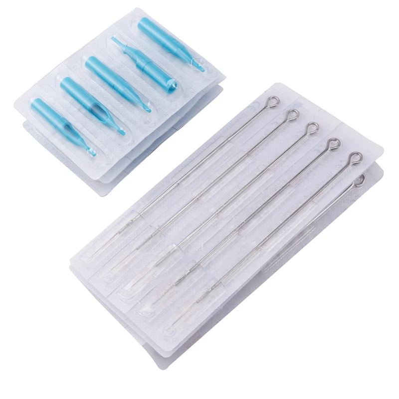 40Pcs Stainless Steel Tattoo Needles Set With 40Pcs Disposable Tattoo Tips Tubes Set Sterile Nozzle Semi-Permanent Blue