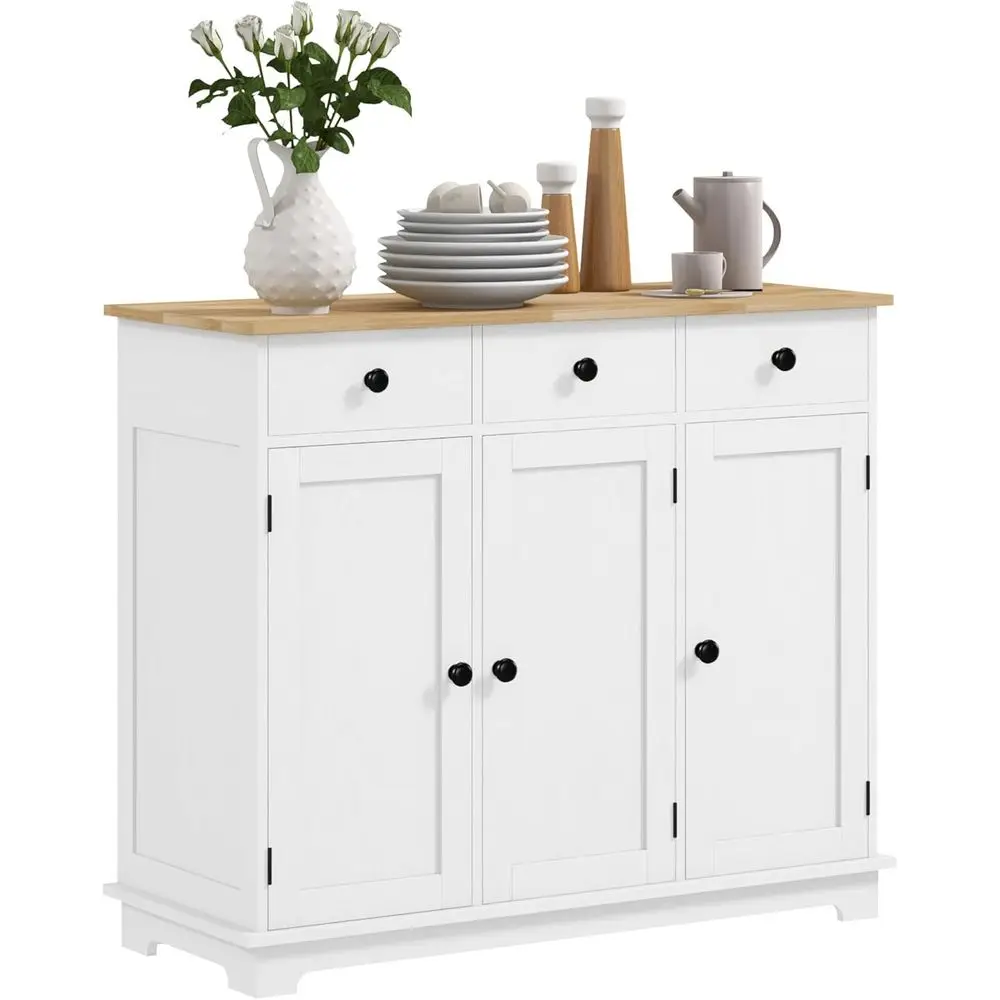 

Элегантный комод из массива дерева, современный кухонный шкаф для хранения, 3-ярусный кофейный бар с регулируемыми полками, состаренный белый