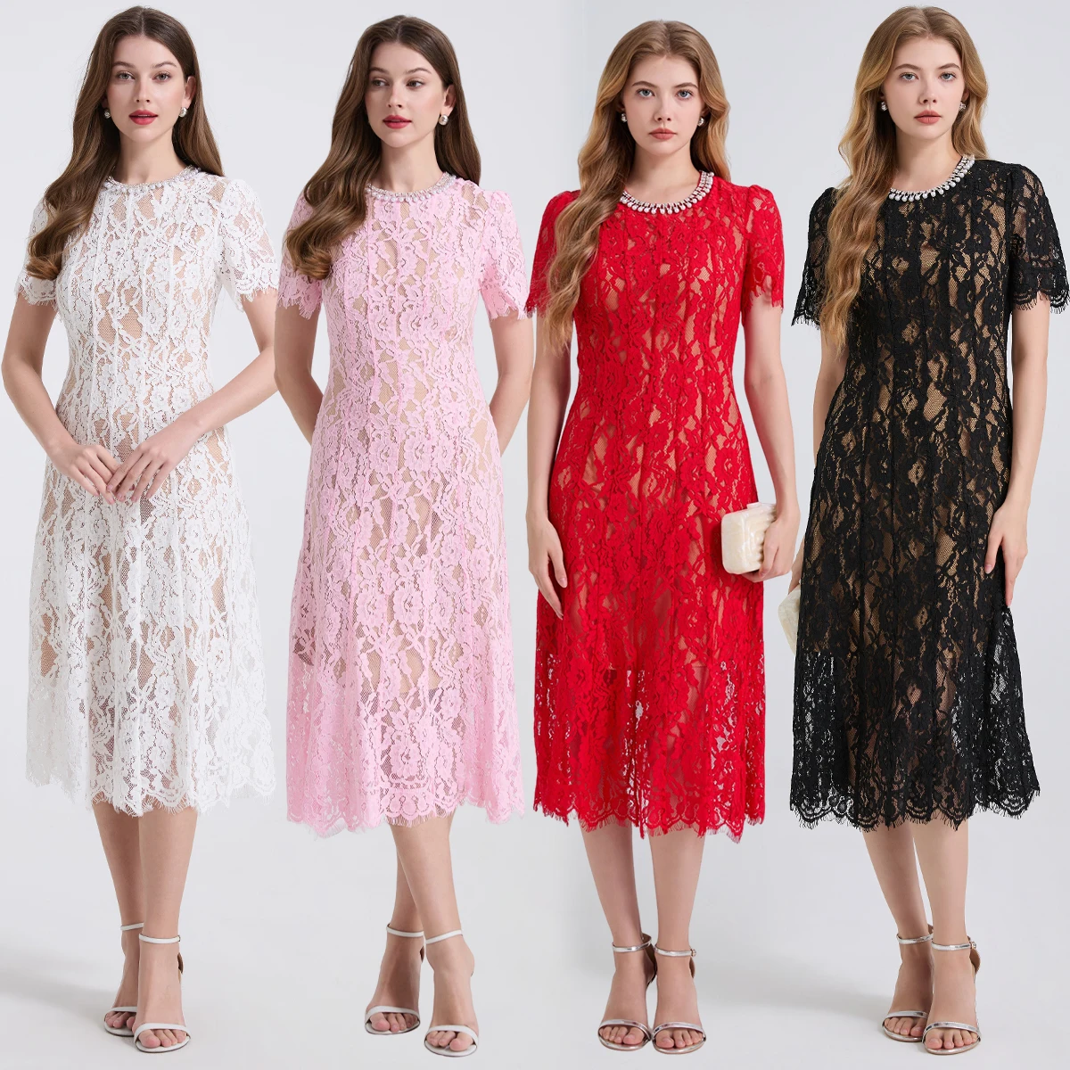 فستان ربيع/صيف 2025 مرن من الدانتيل واللؤلؤ الماسي برقبة دائرية وأكمام قصيرة ملابس نسائية ناضجة تنورة مثيرة للتخسيس على شكل حرف a