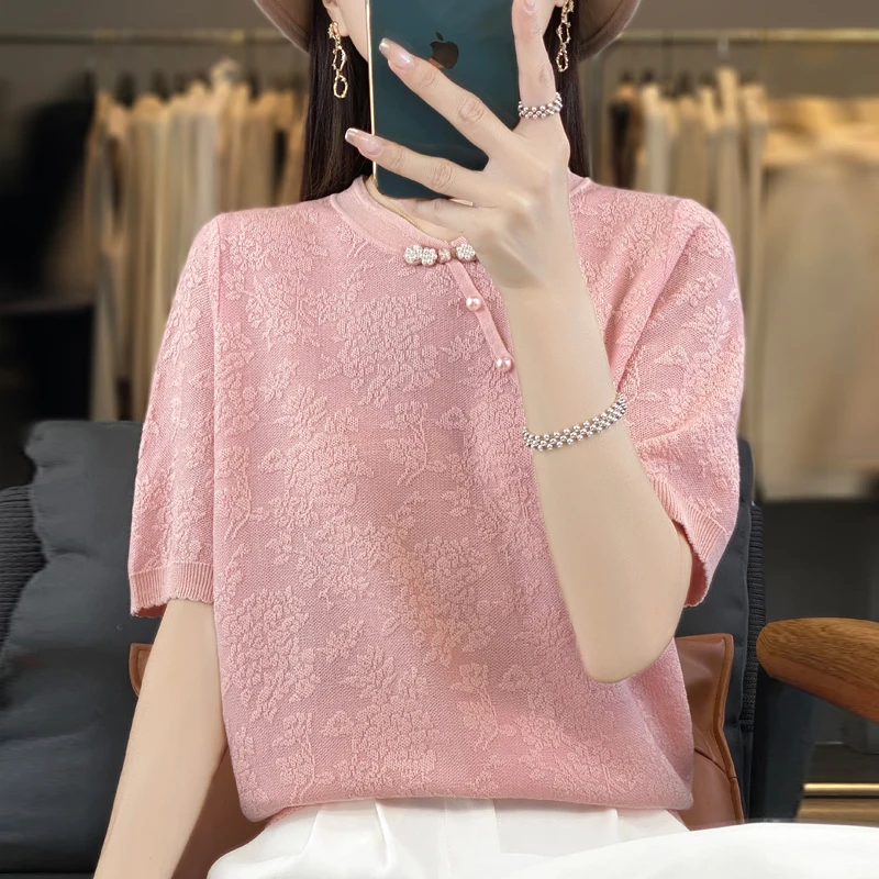 

Summer New Cheongsam Collar Slant Retro Buckle Sweater Chinese Style Slim Short-sleeved Shirt Outside Wear