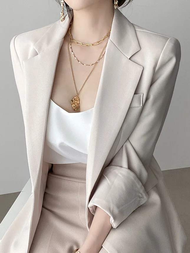 

Ele Early Autumn Long Sve Pure Color Slim Fit Suit Jaet with Belt Chic Turn-down Collar Versatile Waist-cinching Top