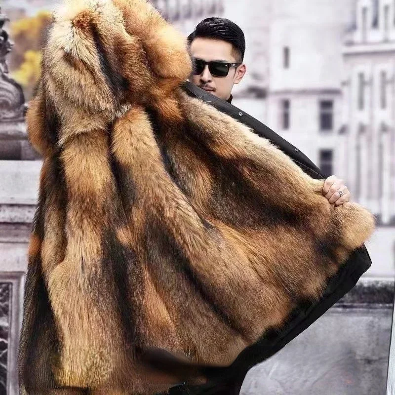 

Fur Lined Parkas Men Faux Fur Coat Big Size Hooded Warm Long Coat Snowsuit High Quality Clothing Zipper Long Sleeve JJ991