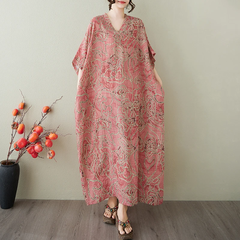 Abito estivo da donna stampato in misto lino stile arabo mezze maniche abiti lunghi larghi casual abito Boho da vacanza al mare di grandi dimensioni