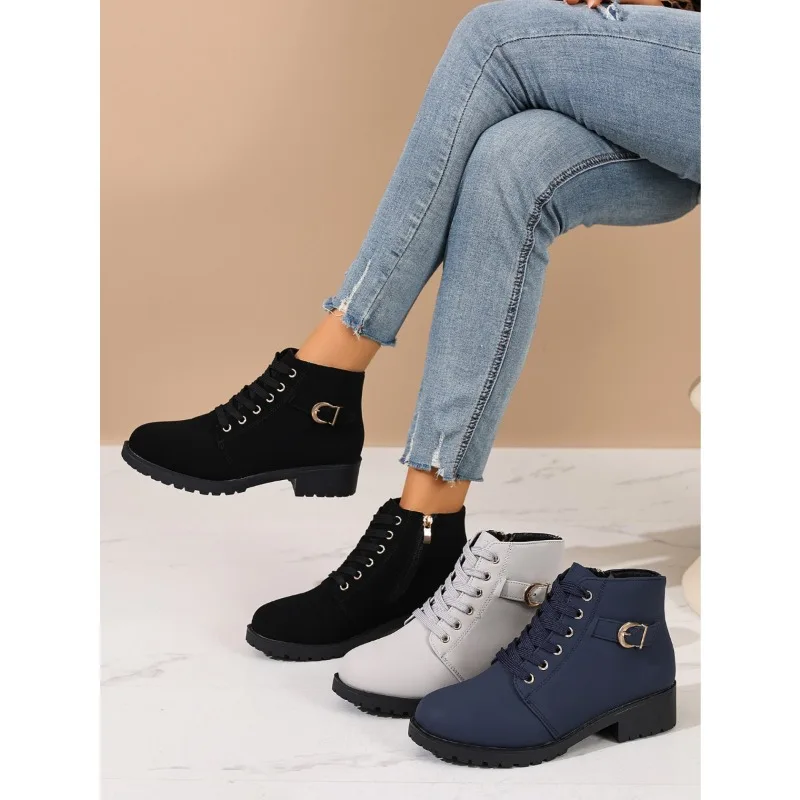 Spring/Autumn Women low-square-heel round head lace side zipper buckle ankle boots Fashion outdoor Casual Non-slip Boots Size-43