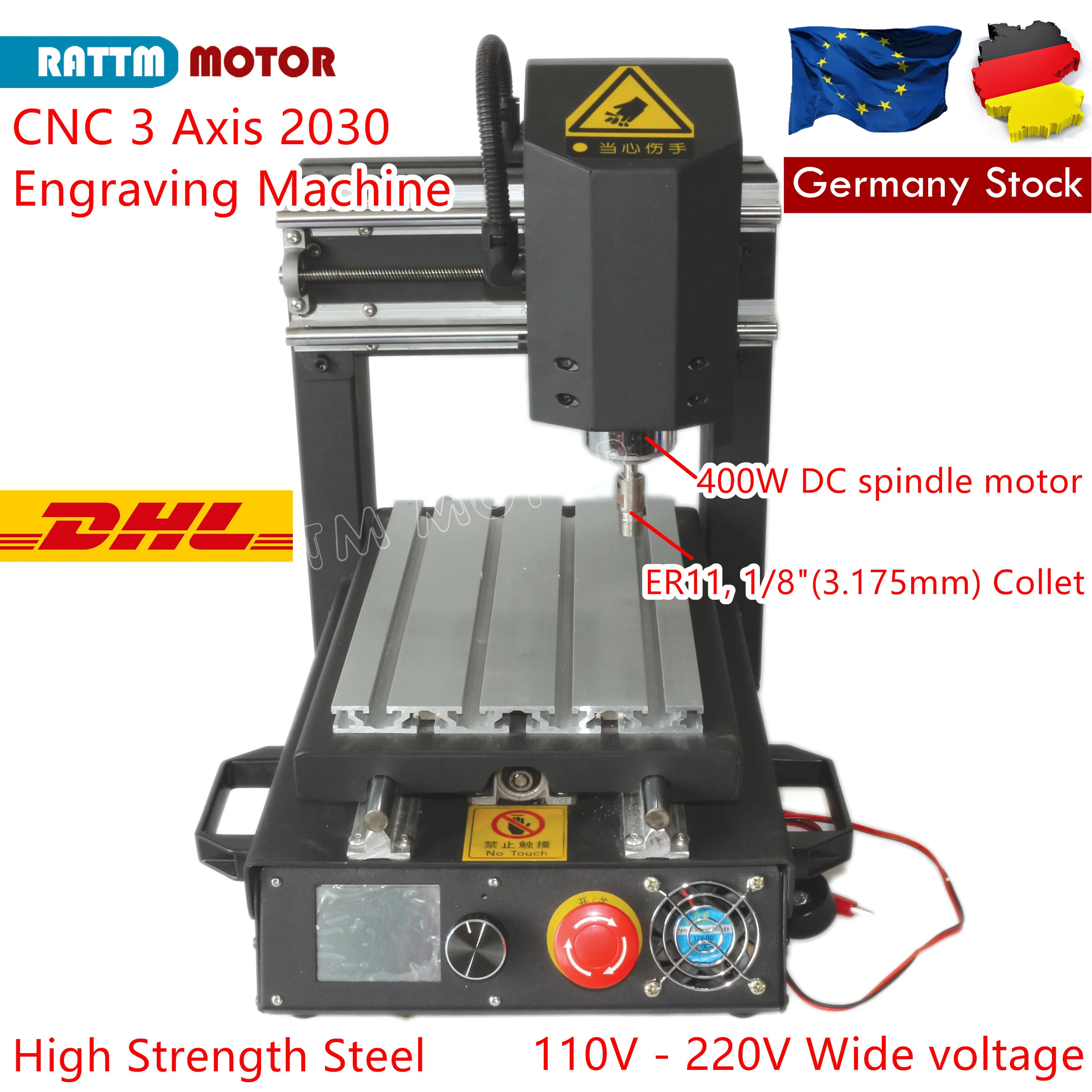 【DE Stock】Desktop 3 Axis 2030 CNC Router Engraving Milling Machine with Emergency stop High-strength steel + 400W DC Spindle