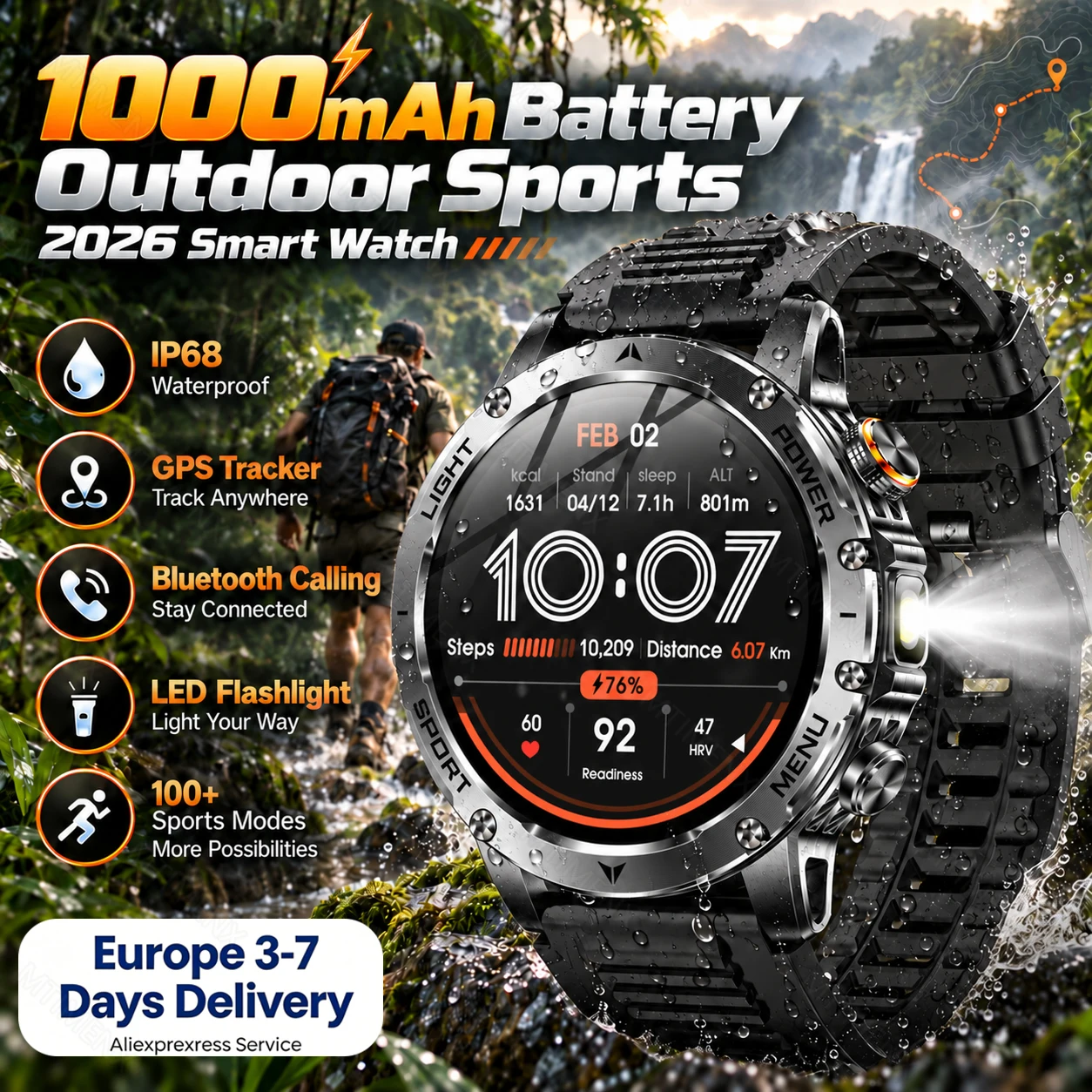 Smartwatch da uomo 2026, nuovo modello con chiamate Bluetooth, ECG, PPG, orologio sportivo da esterno, impermeabile IP68, torcia, batteria a lunga durata, fitness tracker, display AMOLED da 1,7