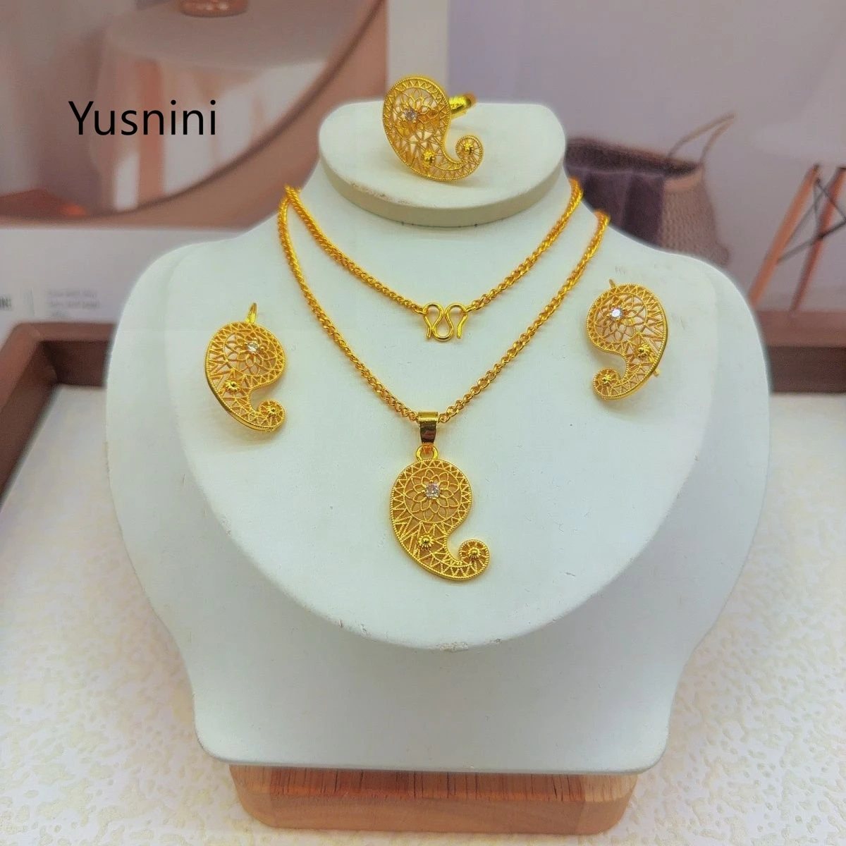 New Fashion High-End Dubai 24K Gold Plated Necklace Earrings Ring Romantic Wedding Party Jewelry Set for Lover 555 - view 3