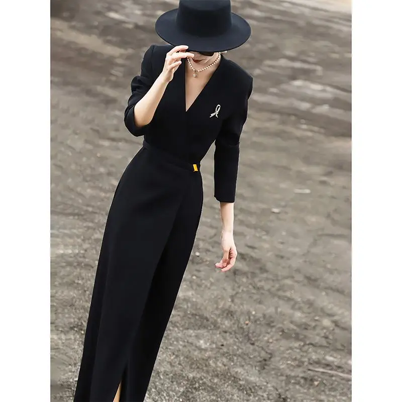Autumn New High-end Temperament Commuting Slimming V-neck Slim Fit Black Suit Dress Women\'s Small Black Dress