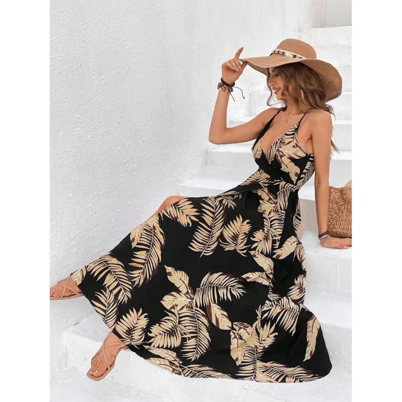 Vestido maxi feminino com estampa floral, alça espaguete, costas abertas, bainha dividida, boho, praia, festa, vestido longo casual