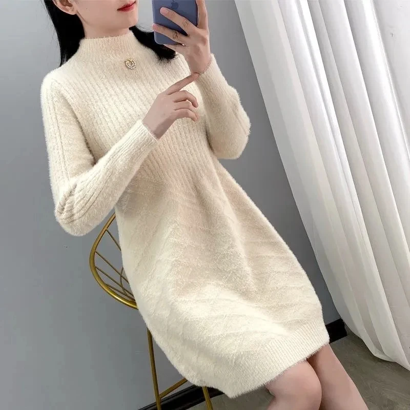 

Women Imitation Mink Velvet Half Turtleneck Sweater, Inner Knitt Base Skirt, Long Loose Dress, Outside Wear, Autumn, Winter, New