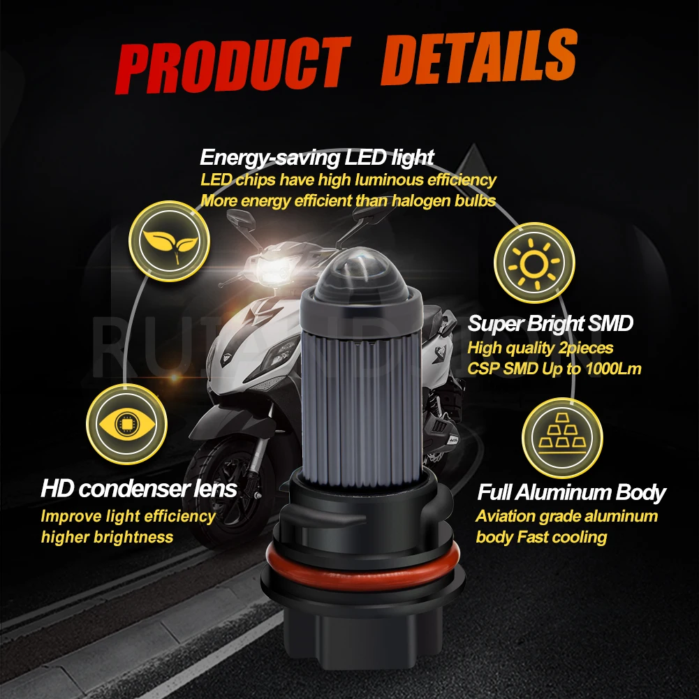 RUIANDSION 1Pcs CSP PH11 Motorbike LED Head Light Spotlight 1000Lm White+Yellow Switch Back Bulb Waterproof 12V For Honda 35W