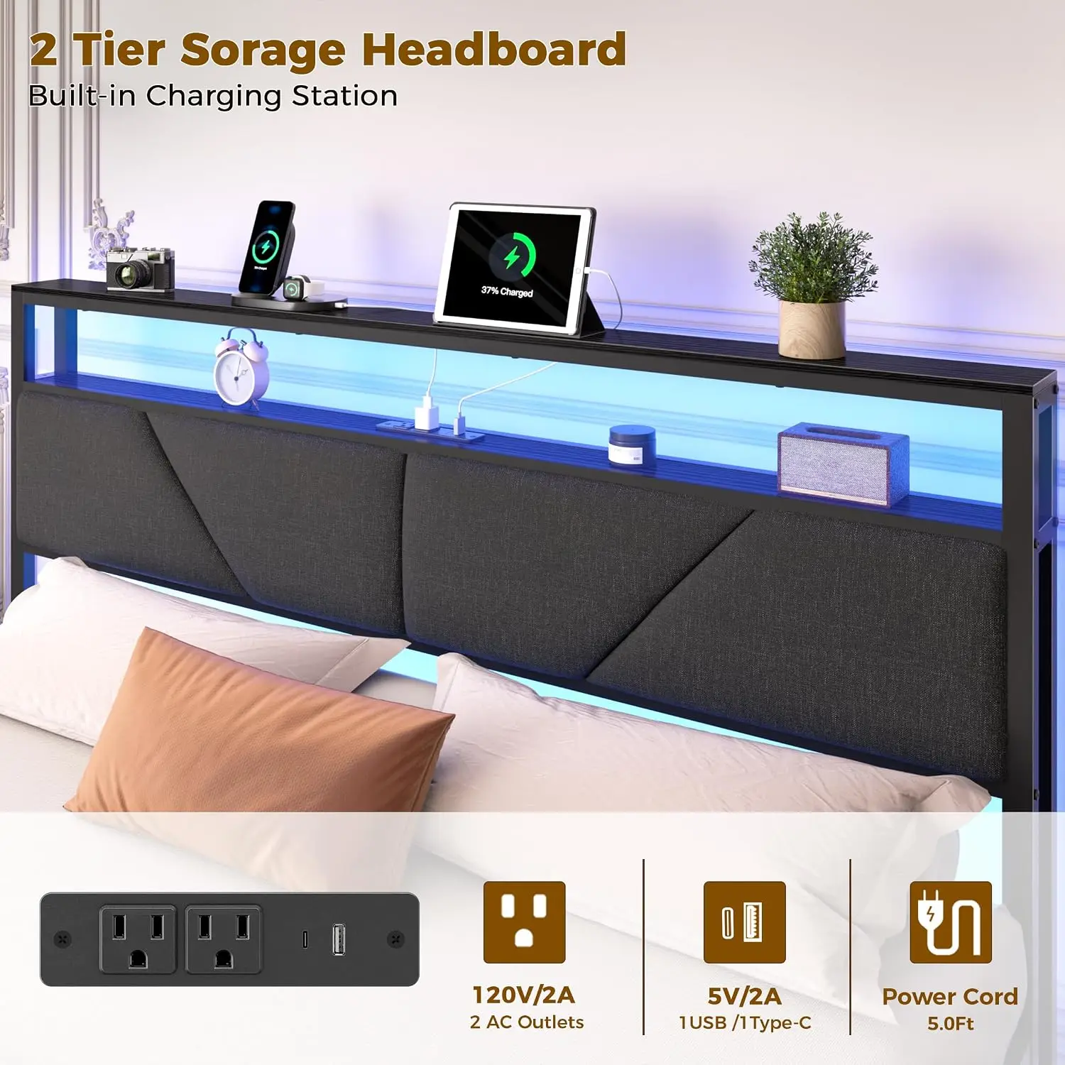 Queen Queen Bed Frame Storage Headboard 6 Drawers LED Charging Station Bedroom Furniture, Customized - Aliexpress Deal