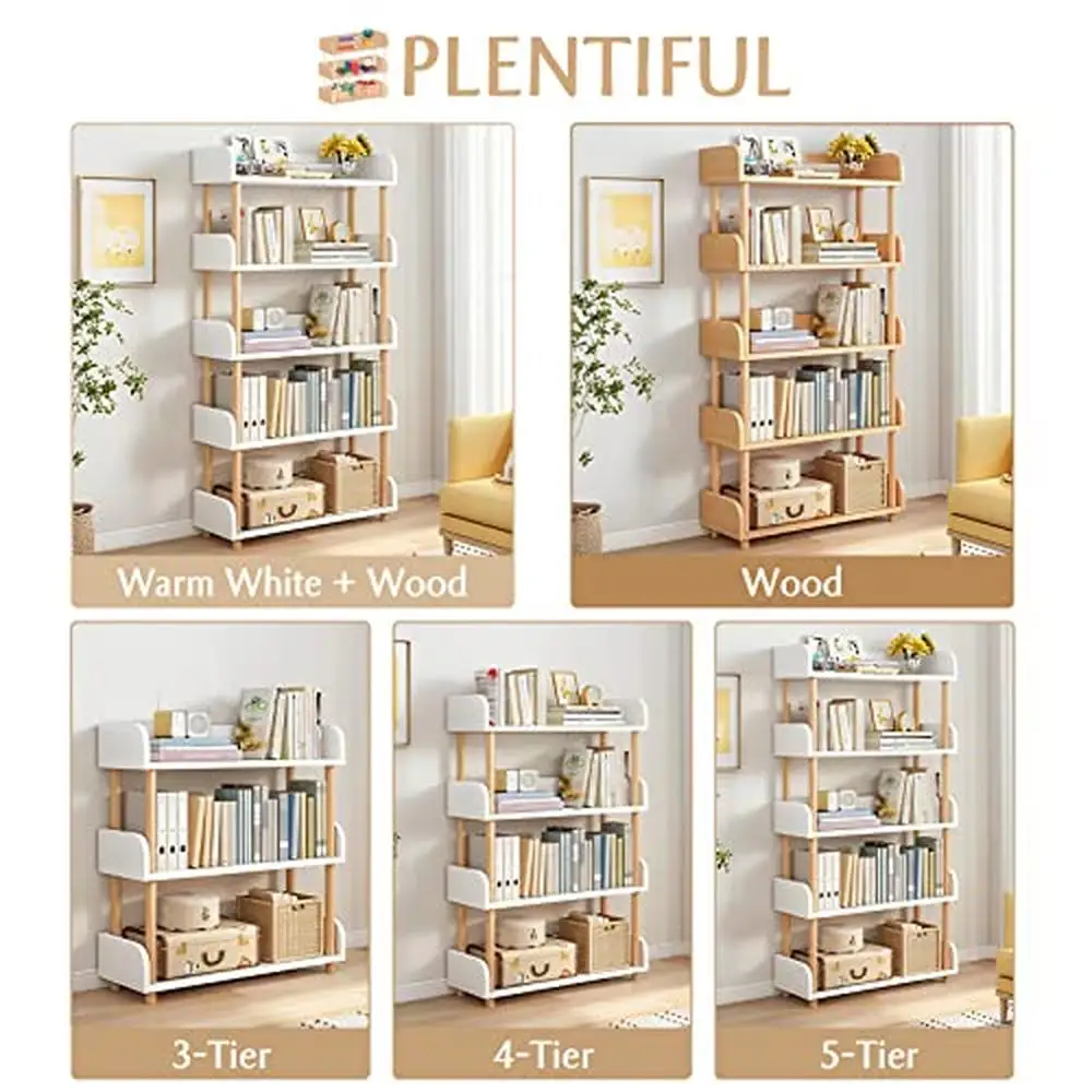 Wooden 5-Tier Modern Bookshelf with Side Panels Sturdy Open Bookcase Home Office Eco-Friendly Solid Wood Frame Shelf Unit