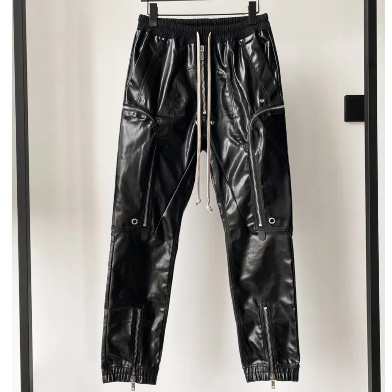 

Dark Wax Coated Multi-Zipper Overalls Men's Motorcycle Glossy Trousers