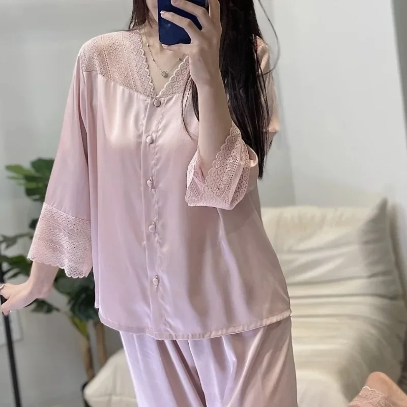 Can Be Worn Outside Temperament  Ventilate Long Sleeve Trousers Comfort Pajamas New Style Spring and Summer Advanced Lace