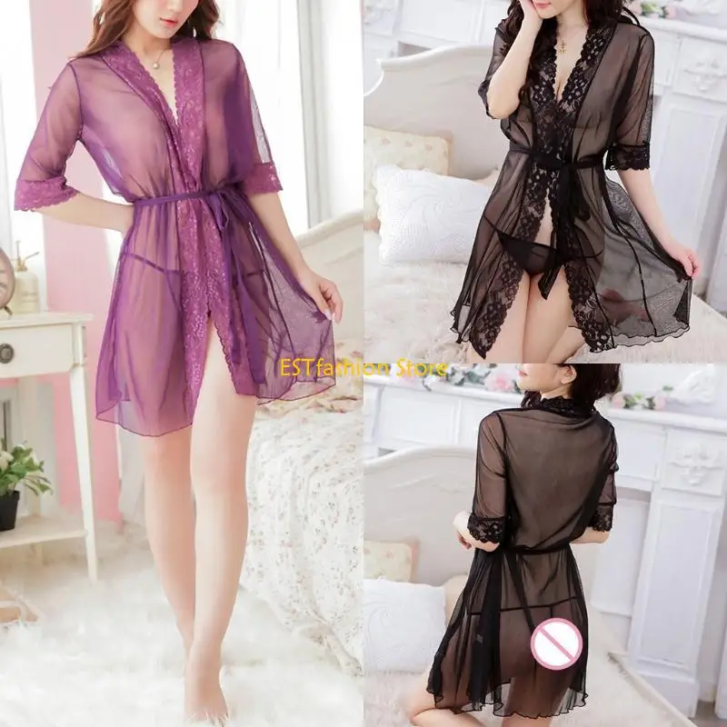 

Y5gc Женщины халат кружево кимоно BabyDoll Lingerie с Belt чистая ночная рубашка новая