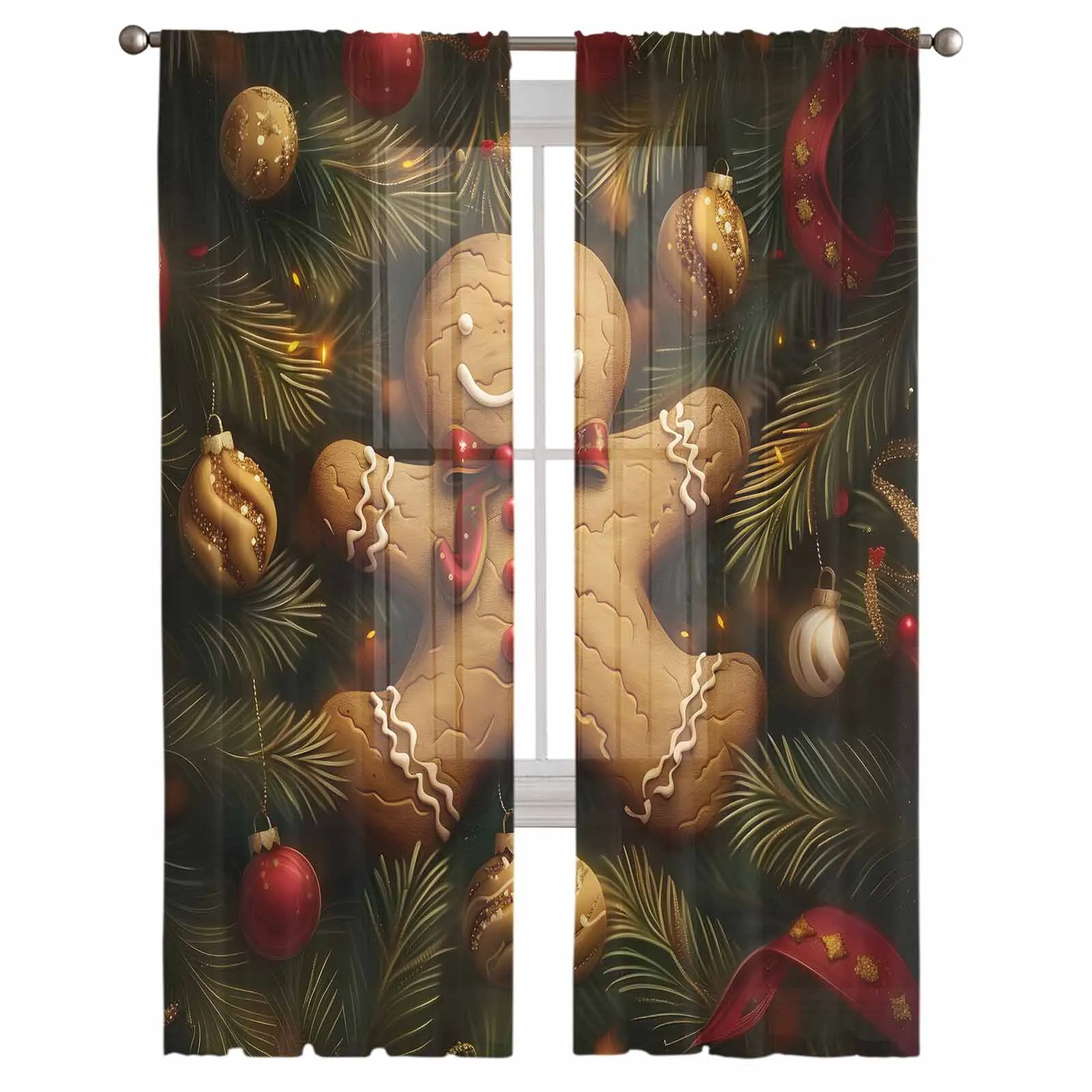 Christmas Lights Gingerbread Man Tulle Curtains for Living Room Decoration Modern Chiffon Sheer Voile Christmas Curtains