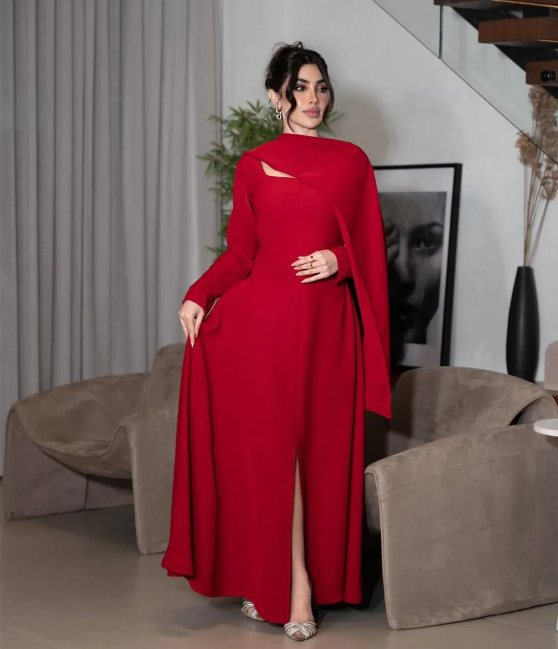 Abiti da sera corti rossi personalizzati con scollo quadrato a sirena con spacco e abiti da ballo in crêpe con cerniera alla caviglia per donna