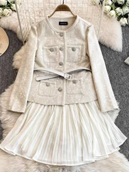 Luxury Sequin Chiffon Tweed Dresses Women Spring Autumn Single Breaste Crystal Belt Pleated Long Sleeve Party Vestido Short Robe