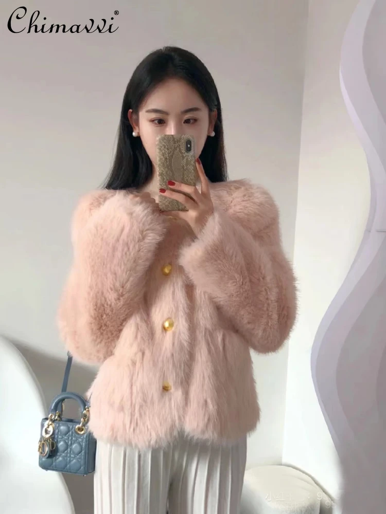 Commute Style Round Neck Long Sleeve Women's Faux Fur Coat 2023 Autumn and Winter Korean Style Sweet New Fox Fur Fur Jacket