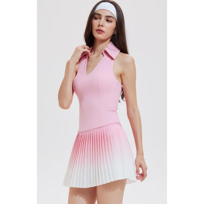 Women‘s Pleated Tennis Skirt Set 2PCS Racerback Golf Outfits High Waisted Pickleball Skirt with Shorts Yoga Skort Set