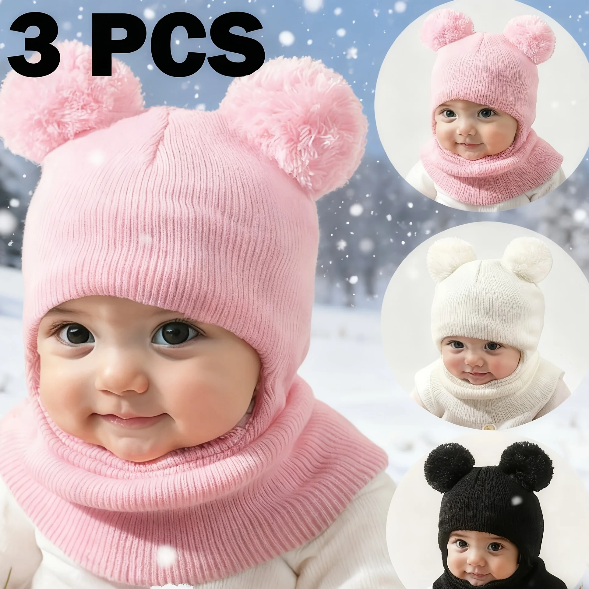 3 pieces of woolen ball-shaped Balaklava hats for children. Knitted Balaklava hats for children. Comfortable earmuffs.