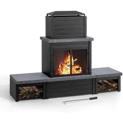 Outdoor Fireplace, Patio Wood Burning Steel Fireplace with Chimney, Log Holders, Fireplace Tool and PVC Cover, Black， firepit