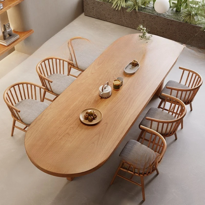 

Nordic log workbench household solid wood dining table meal book integrated oval table
