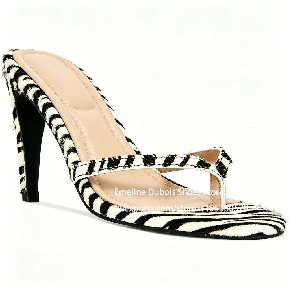 Zebra Print Pony Hair High Heel Flip Flops Open Toe Slip on Spike Heels Slide Sandals Animal Print Party Summer Shoes for Women - view 4