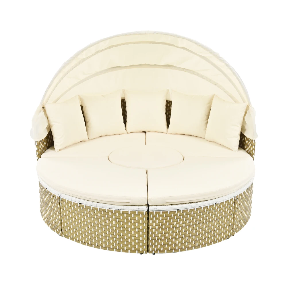 

Patio Furniture Round Outdoor Sectional Sofa Set Rattan Daybed Two-Tone Weave Sunbed with Retractable Canopy, Separate Seating and Removable Cushion, Beige